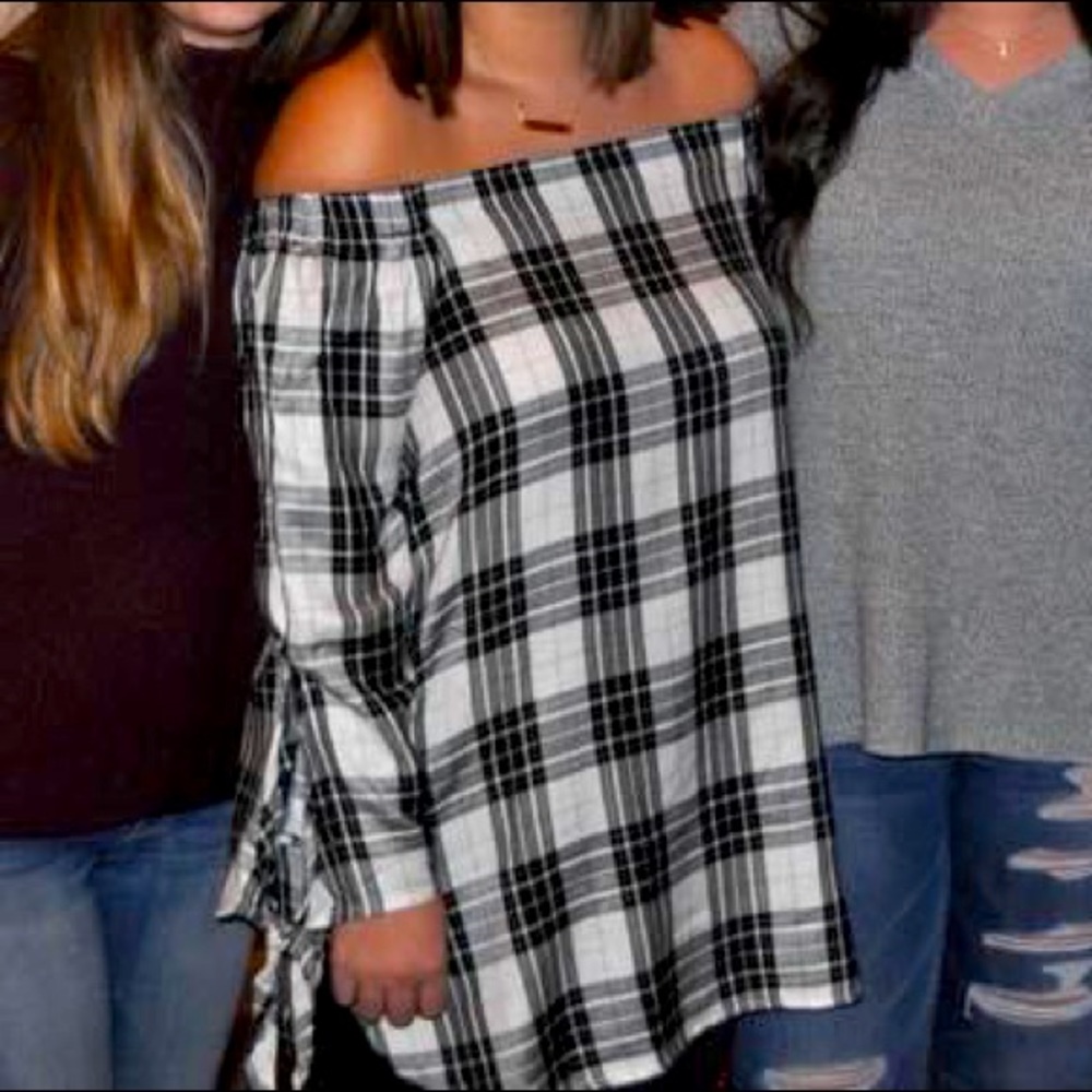 Off the shoulder plaid blouse